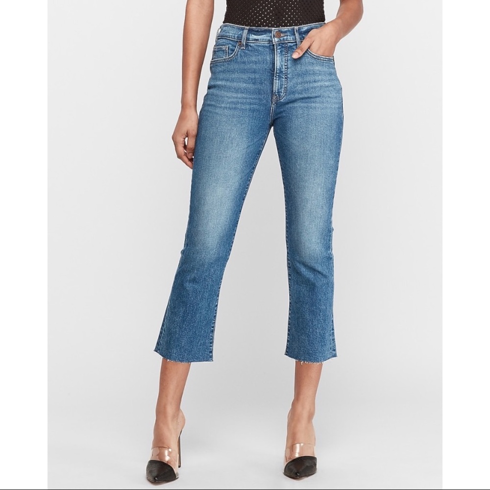 EXPRESS High Waisted Raw Hem Cropped Flare Jeans